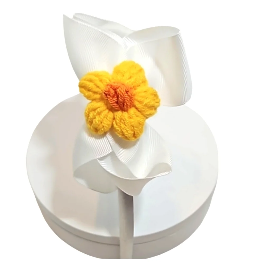 Hand Crafted White Bow Hairband Hand Knit Crochet Yellow Puffy Flower Coquette